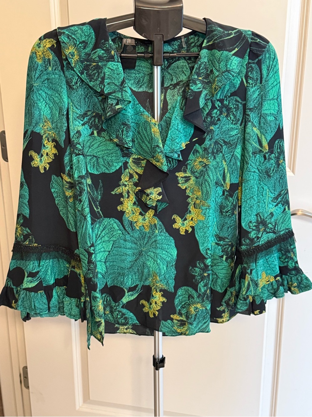 Kobi Halperin Teal and Black Floral Ruffle V-Neck Blouse